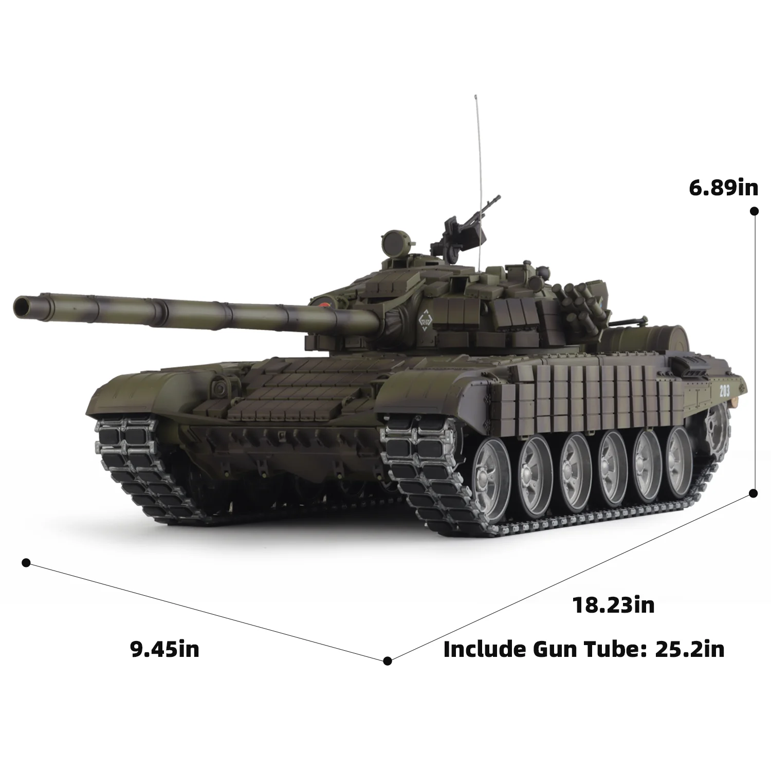 

Heng Long rc tanks 1/16 Ruassin T-72 Tank Model 3939 (Metal Rubber-coated Track & TK7.0& Metal Road Wheel & 360°Rotating Turret)