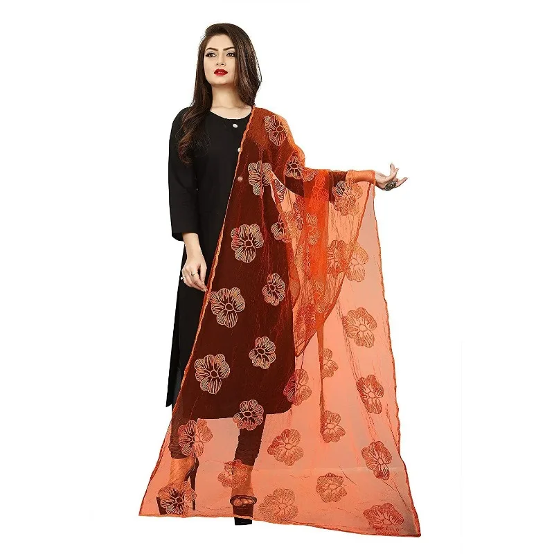 

Indian Women Duppata Nylon Mesh Embroidery Dupata Orange Karachi Embroidery