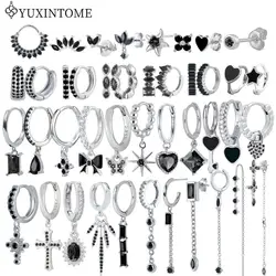 925 Sterling Silver Ear Needle Black Zircon Earrings Geometric/butterfly Pendant Hoop Silver Earrings For Women Fashion Jewelry