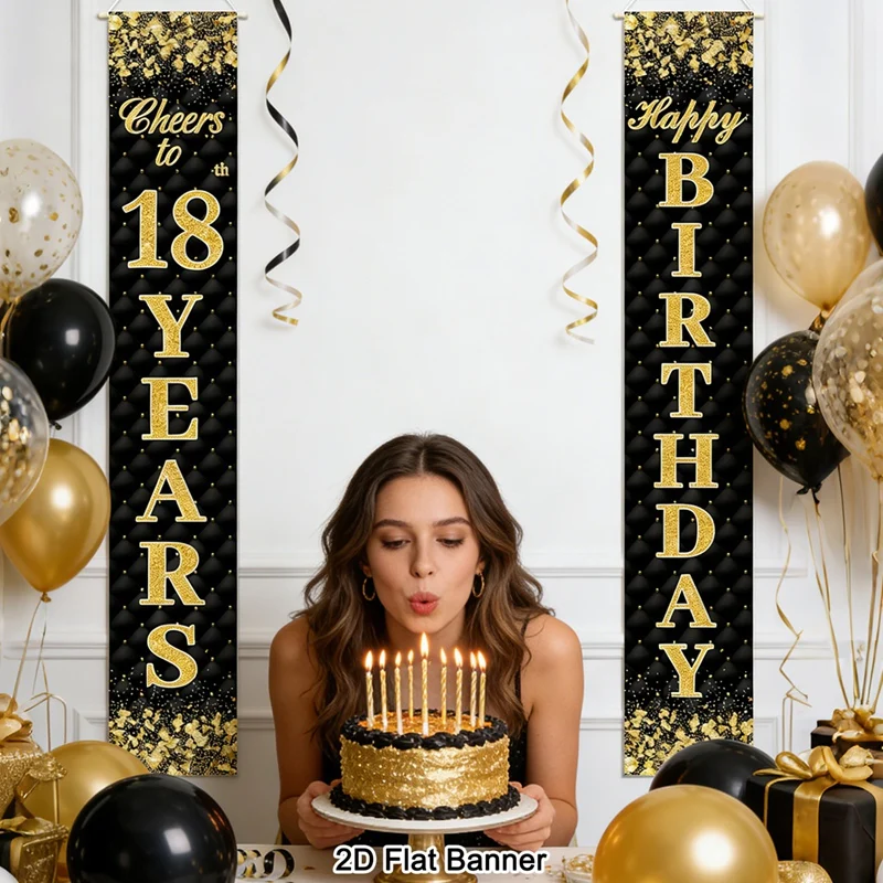 Türbanner zum 18./30./40./50./60. Geburtstag, 30x180cm, Schwarz-Gold, Polyester, Hängedekoration, „Cheers to Years“, Veranda-Schilder für Erwachsenen-Geburtstage – Detail 2