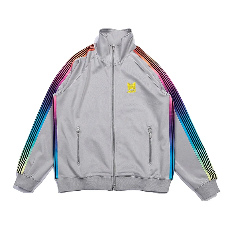 Arrival Rainbow Webbing Track Stripe Motion Jacket Butterfly Embroidery Coat Men Women Oversize Lapel Collar Long Sleeve