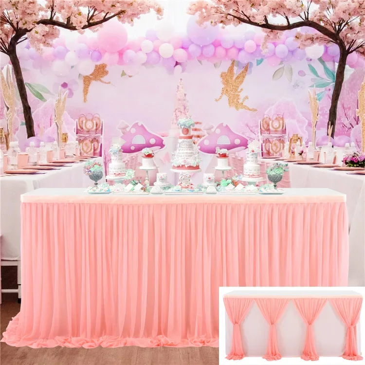 Falda de mesa con tutú de tul para boda, falda de mesa para fiesta de cumpleaños, falda de mesa a rayas, mantel plisado con bloques de colores, accesorios de decoración festiva