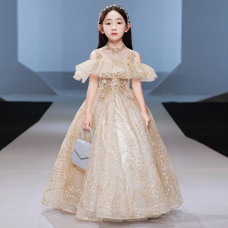 Elegant Champagne Tulle Flower Girl Dress for Wedding Sequin Appliques Kids Party Prom Dress First Communion Princess Vestidos