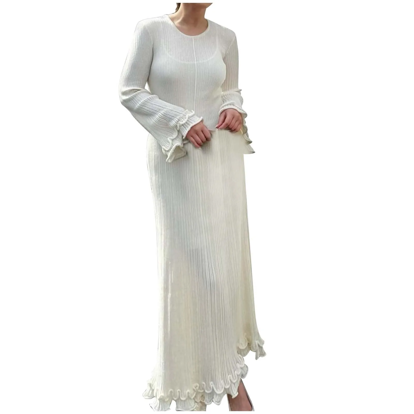 Women Elegant Ruffle Hem Knit White Long Dress O-neck Flare Long Sleeve Backless Bandage Dresses 2024 New Evening Party Robes