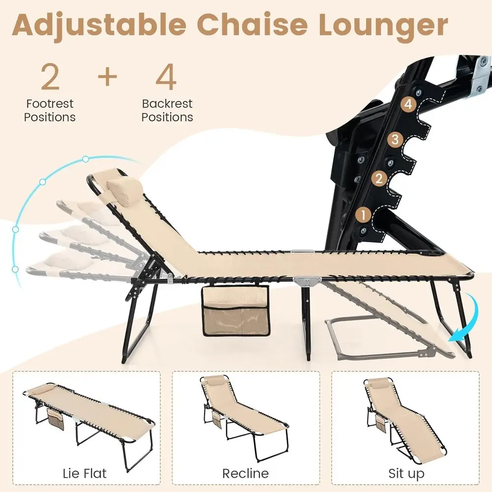 Beach Lounge Chair for Outside, Folding Chaise Lounge Outdoor with 4-Position Backrest, Removable Headrest and Side Pocket, Port