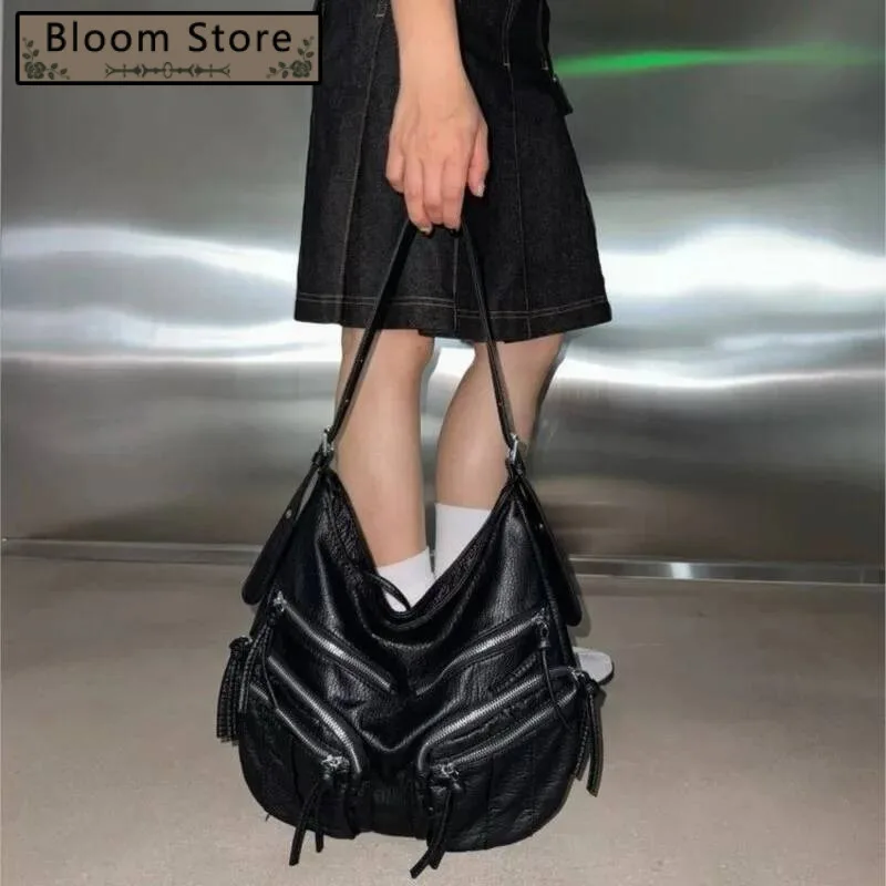 

Retro Black Textured Tote Women Leather Large Capacity Multi Pocket Shoulder Ladies Hot Girl Punk Y2k Crossbody Bag 2025