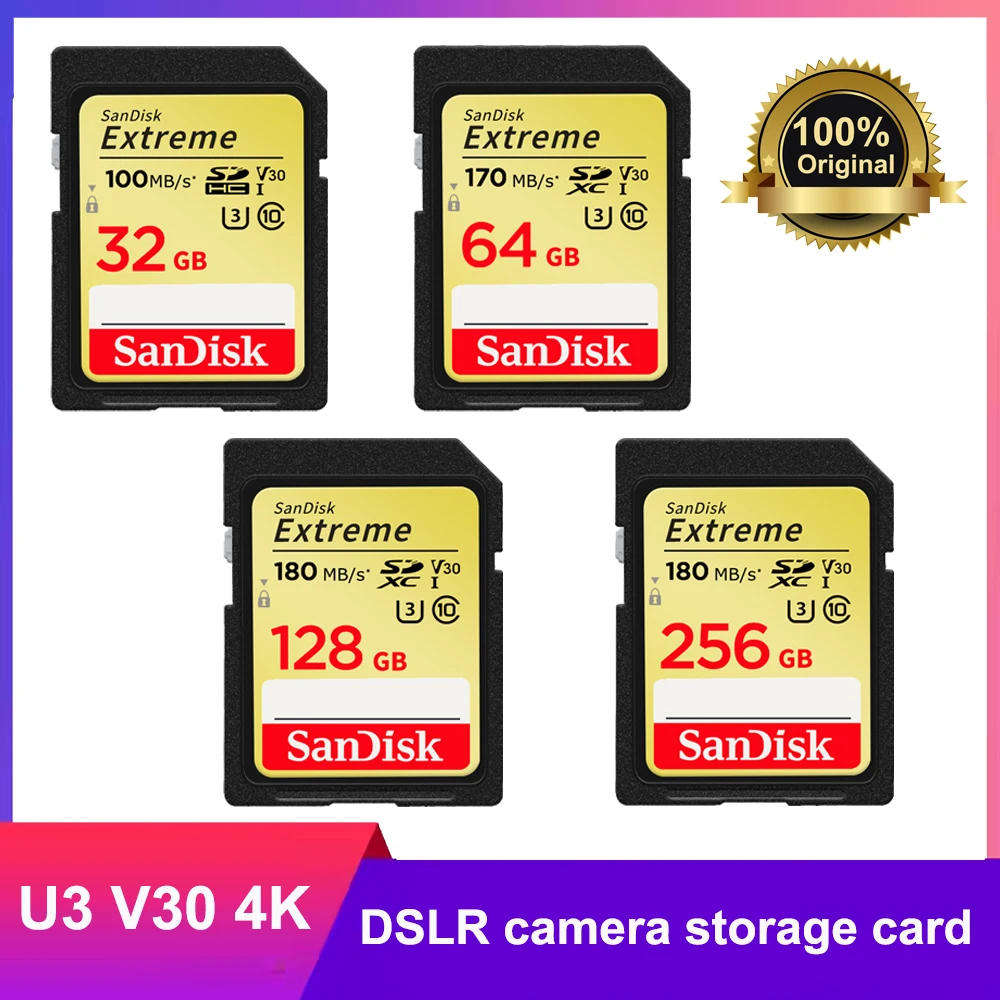 SanDisk Extreme Card SD Card 32 ГБ 64 ГБ UHS-I Card 128 ГБ 256 ГБ C10 U3 V30 Флэш-карта до 180 МБ для видеокамеры 4K UHD для зеркальной фотокамеры