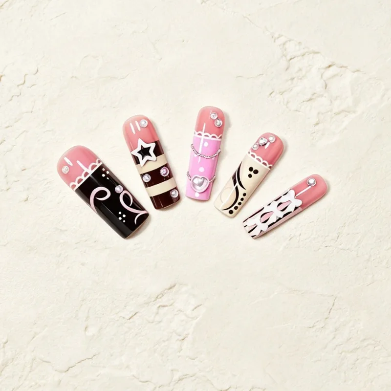 24PCS Y2k Long Square False Nails Pink Nude Lace Bow Star Heart Rhinestone Pearl Candy Strip Polka Dot Sweet Press on Nails Tips