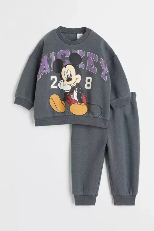 

Mickey Mouse Printed Sweatshirts Kids Casual Sports Outfits Cartoon Pure Cotton Two Pieces Toddler Baby Girls Gray Tracksuits