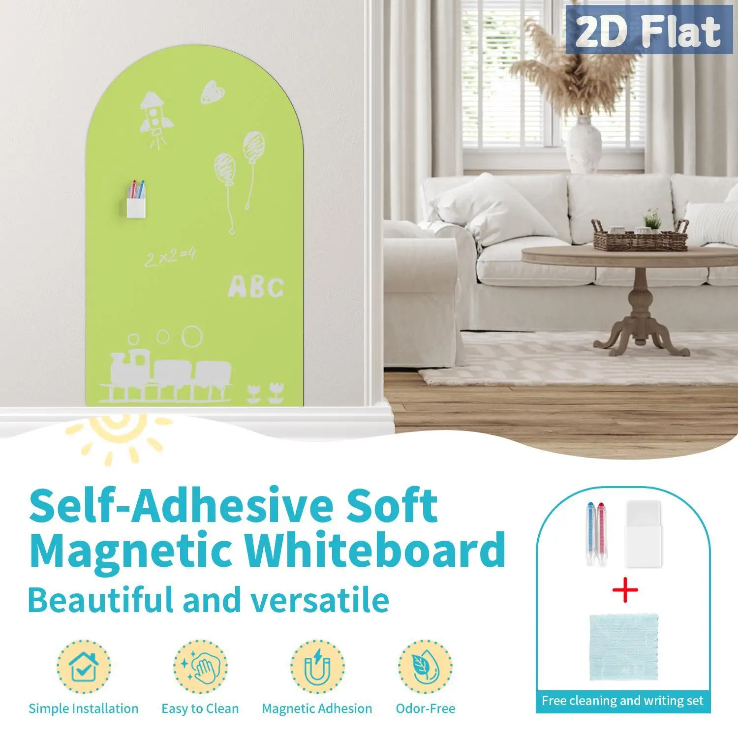 1 قطعة ملصق حائط على شكل سبورة بيضاء مقوسة قابلة للفصل باللون الأخضر الفاتح، ديكور غرفة المعيشة وغرفة النوم