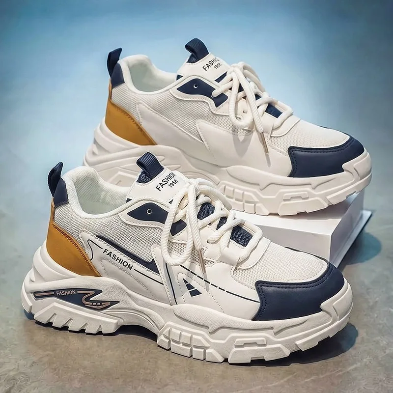 

New Spring Summer Men Leather Dad Sneakers Comfortable Thick Sole Running Shoes Breathable Retro Lace Up Men Casual Sports Shoes