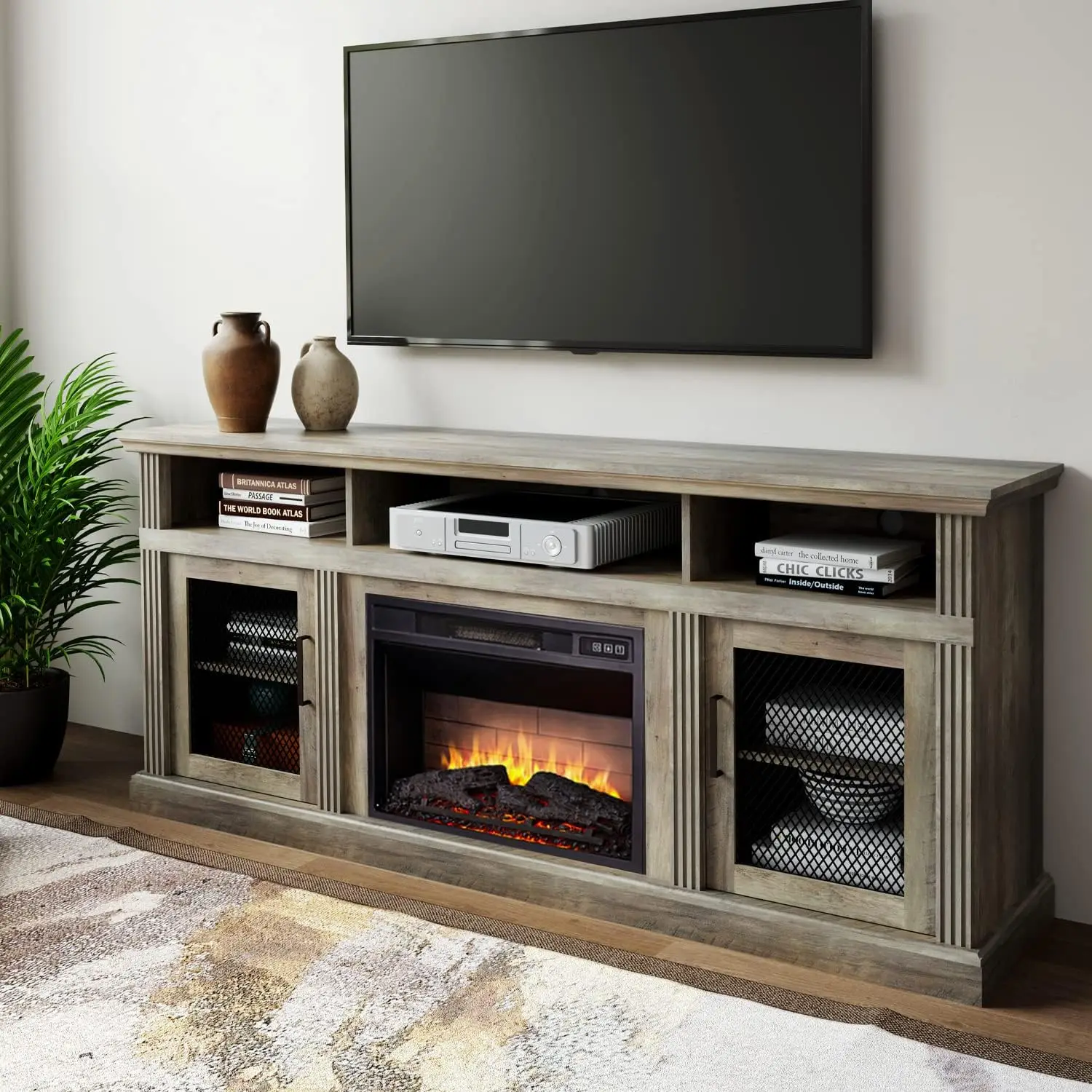 3D Fireplace TV Stand for TVs up to 80’’ Wooden Media Entertainment Center Table & TV Cabinets w/Storage Shelves