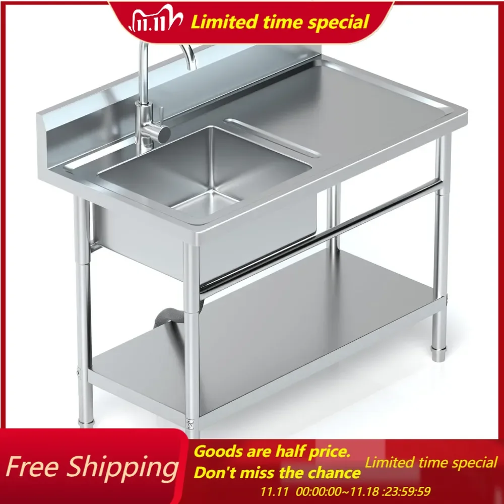 

Utility Sink Freestanding Single Bowl Laundry Sink with Hot and Cold Water Plumbing Workbench & Storage Stainless Steel Sink