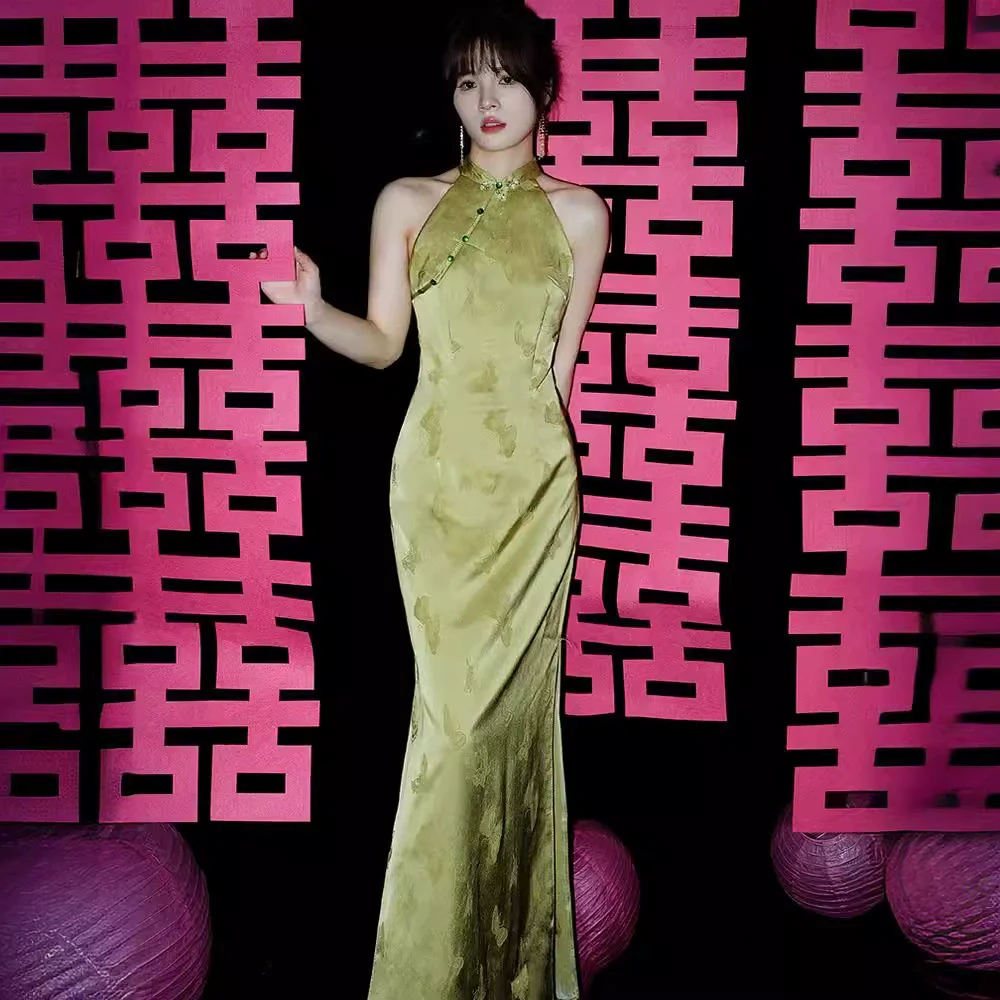 

Green Fishtail Dress Sexy Sleeveless Long Cheongsam New Chinese Style Bridal Morning Robe Retro Traditional Qipao Vestidos
