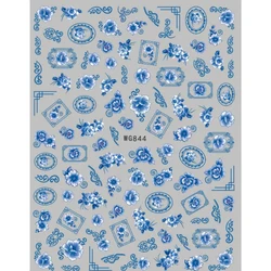 Blue and White Porcelain Nail Decals, Vintage Style Self-Adhesive Nail Art Stickers for DIY Nail Tips Decoration