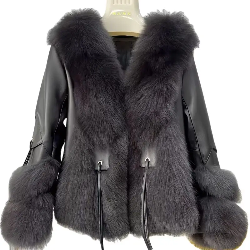 Faux Mink Fur Coats for Women, Covered Button PU Jacket, Female Loose Thicken Warm Clothes,Fur Colla,Lace-up,Winter,New,2024