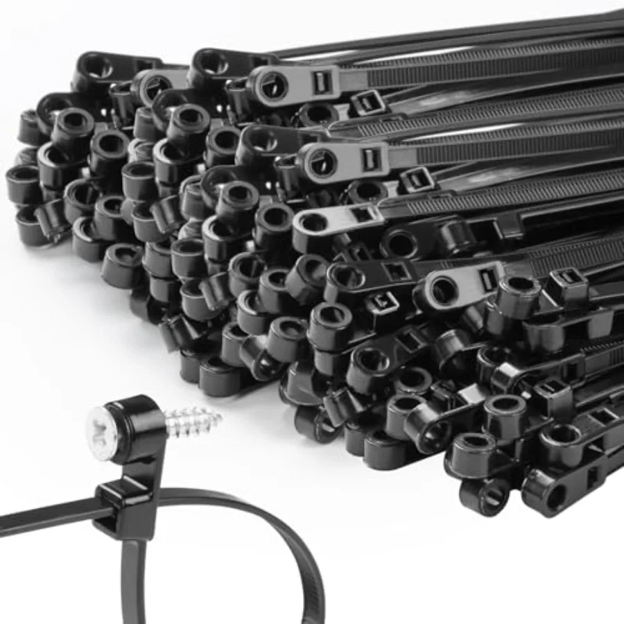 

Mountable head cable ties for outdoor use, nylon, black, 70lbs heavy-duty with screw hole