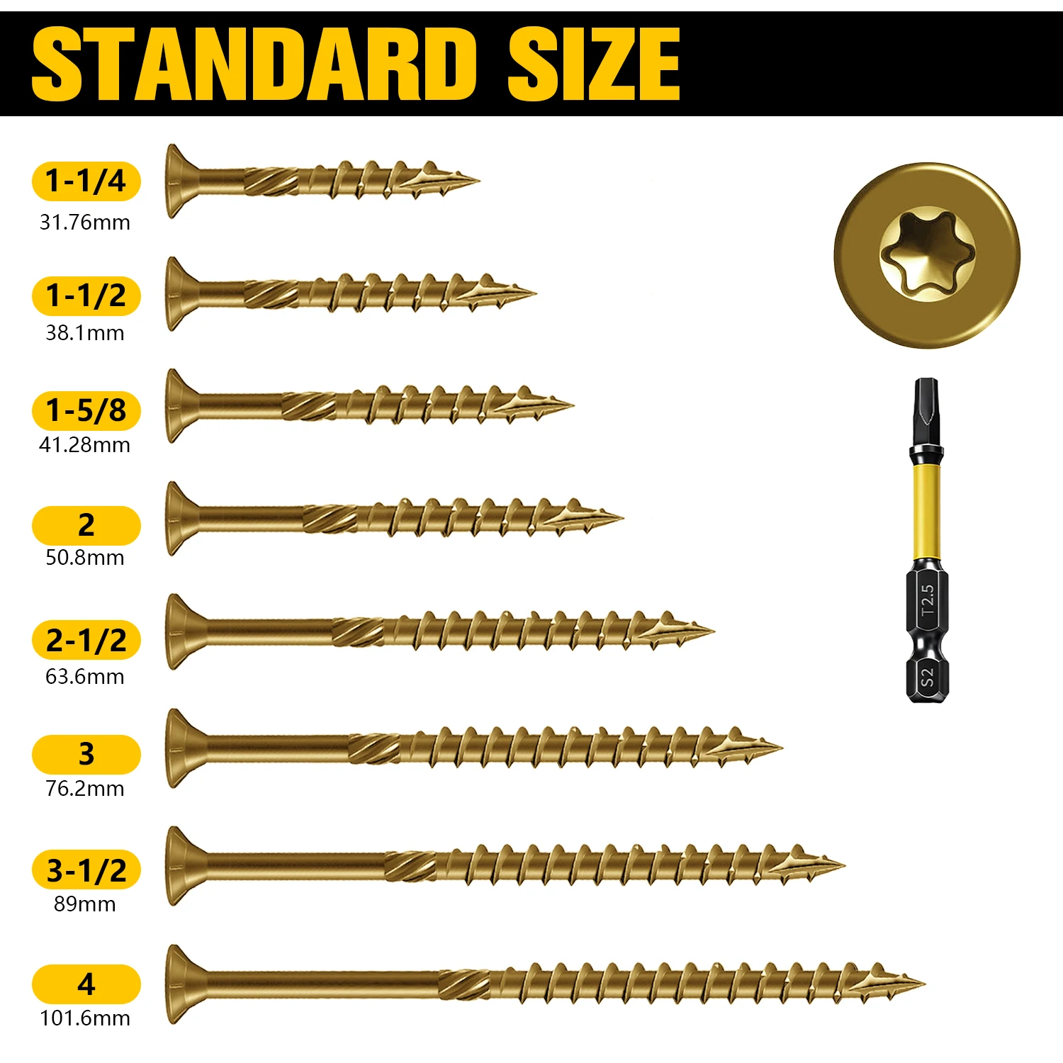 VKKM Torx T25 Wood Screws, Knurled Self‑Tapping Wood Screws with T25 Bit, Precision Thread Tail Cutting Design for Furniture, Jo