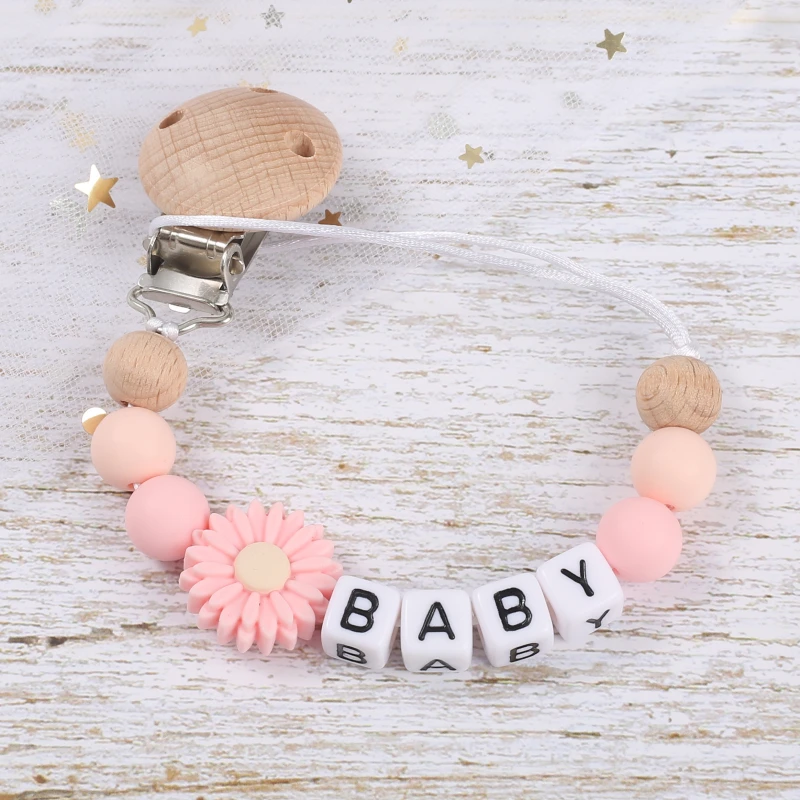 Personalized Baby Pacifier Chain with Silicone Daisy Holder