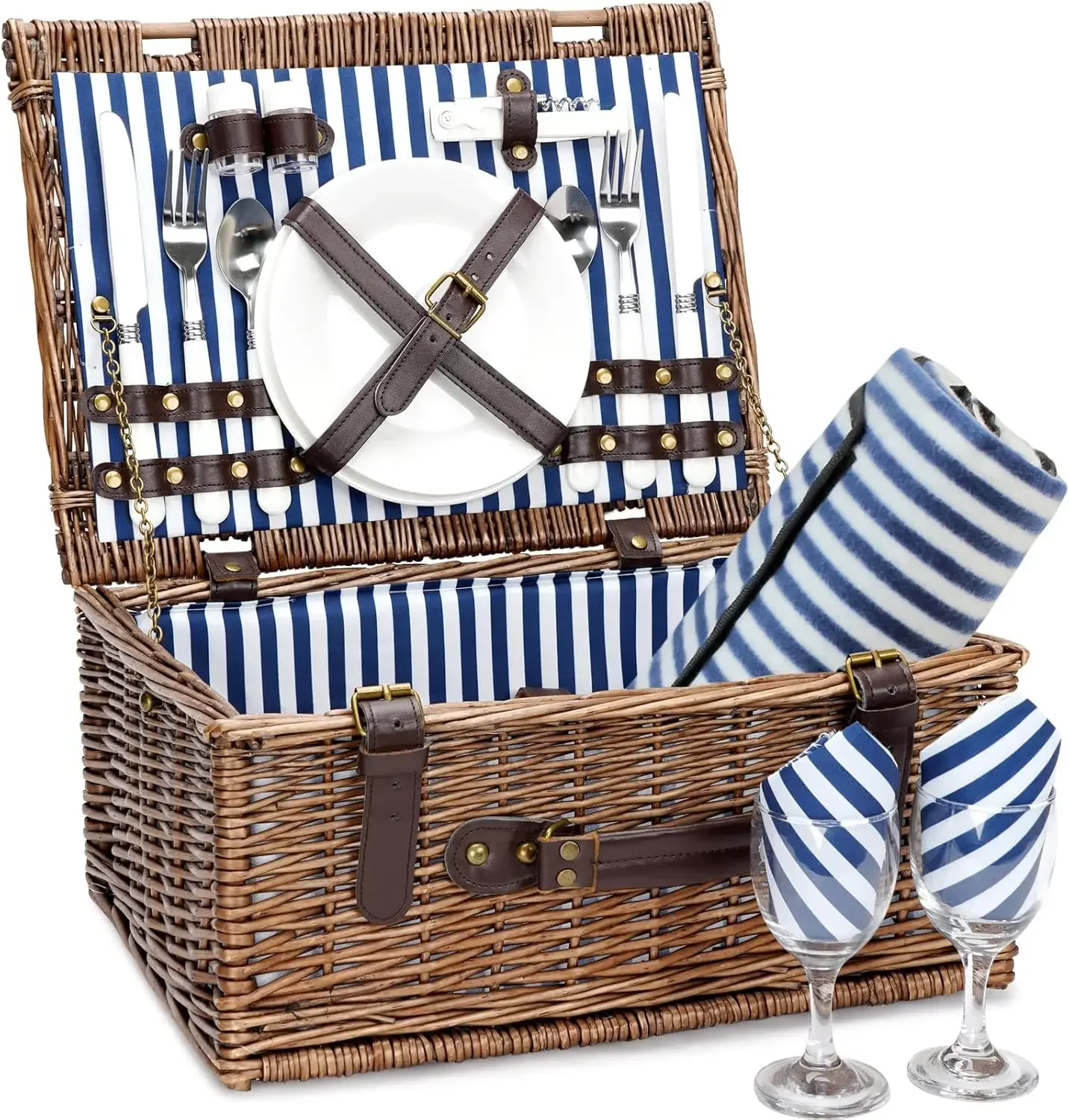 

Wicker Picnic Basket for 2 with Waterproof Picnic Blanket, Picnic Set for 2 with Sand-Proof Beach Mat,Willow Hamper Service Set