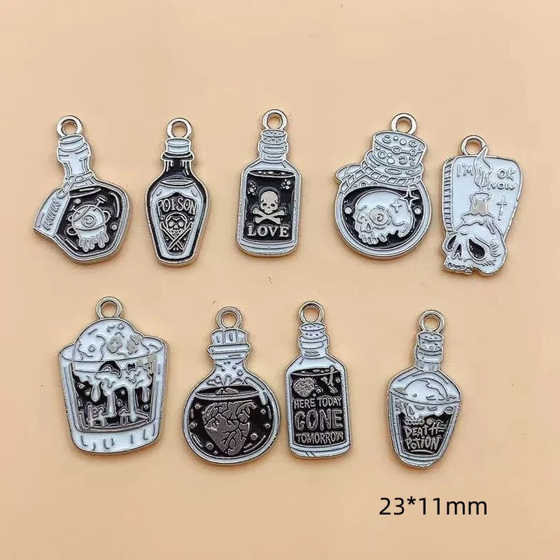 10pcs Halloween Gothic Death Skull Enamel Poison Bottle Brain Love Poison Charms Fit Jewelry Making Earring Bracelet DIY Finding