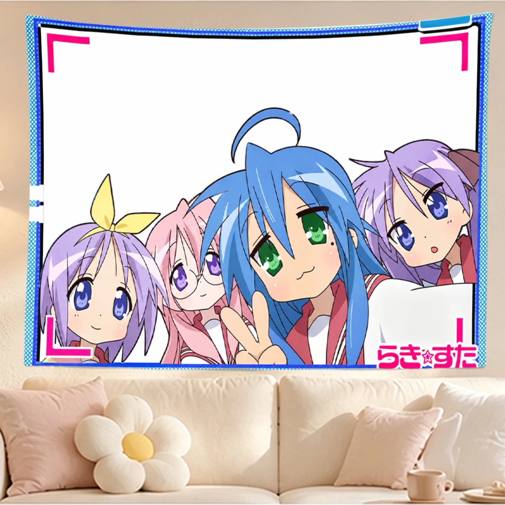 Lucky Star Tapestry Wall Hanging Anime Girls Group Blue Purple Pink Hair School Uniform Art Bedroom Dorm Home Decor Fans Gift