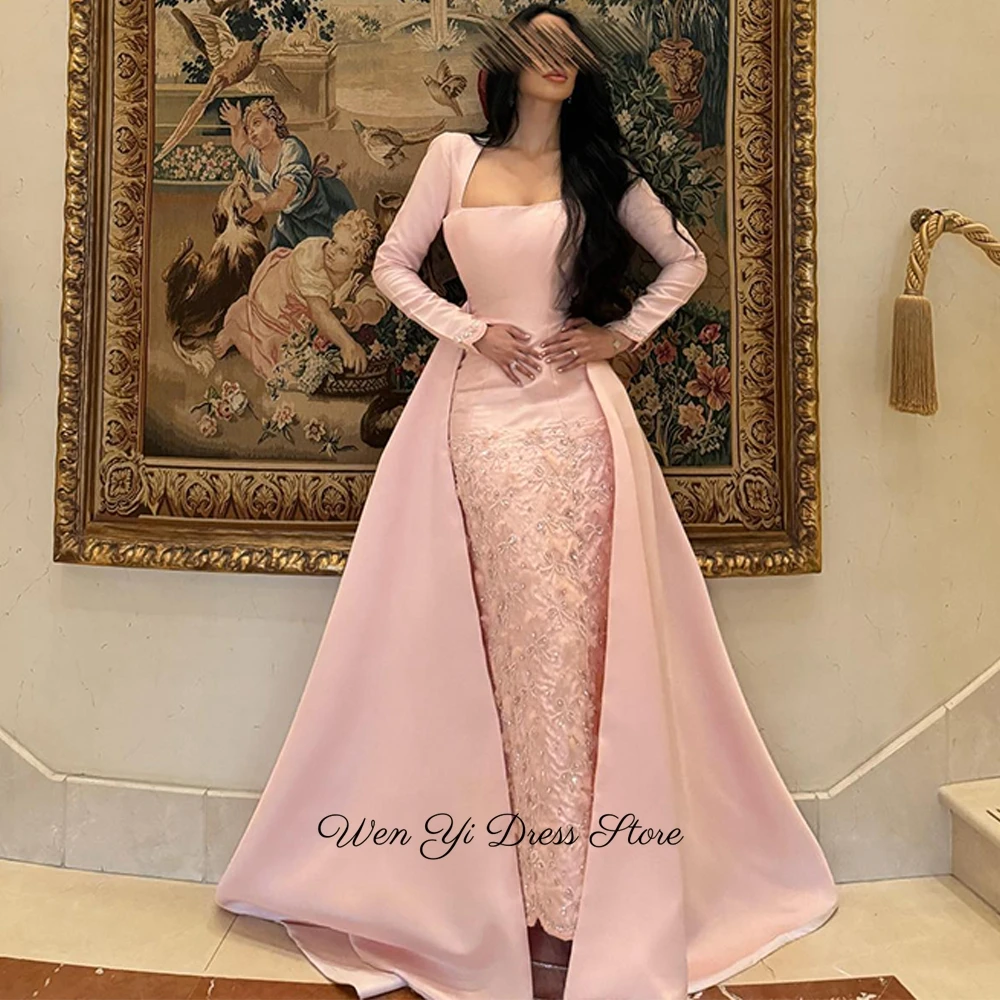 Customized Square Collar Long Sleeves Party Gowns Pink Satin Evening Dress Elegant Panel Train Crystal Beading Prom Dresses