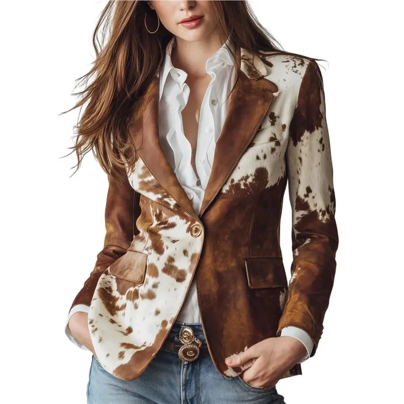 ABRT-Long-Sleeved Lapel Cow Print Cropped Jacket Button Down Blazer For Women Slim Fit Fall Outftis Brown Single Button M