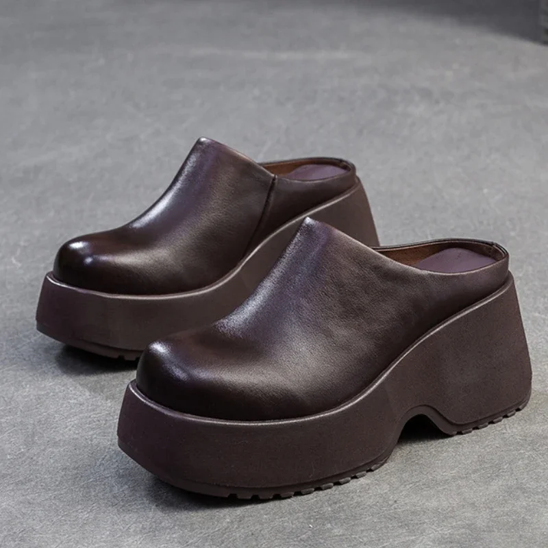 

Женские полутуфли из натуральной кожи на платформе, лето 2026, новые уличные черные повседневные деловые тапочки в британском стиле с круглым носком