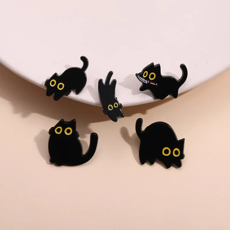 4-7pcs Black Cats Enamel Pins Cartoon Kitten Terrarium Floral Animal Brooches Lapel Badges Funny Jewelry Gift For Fans Friends