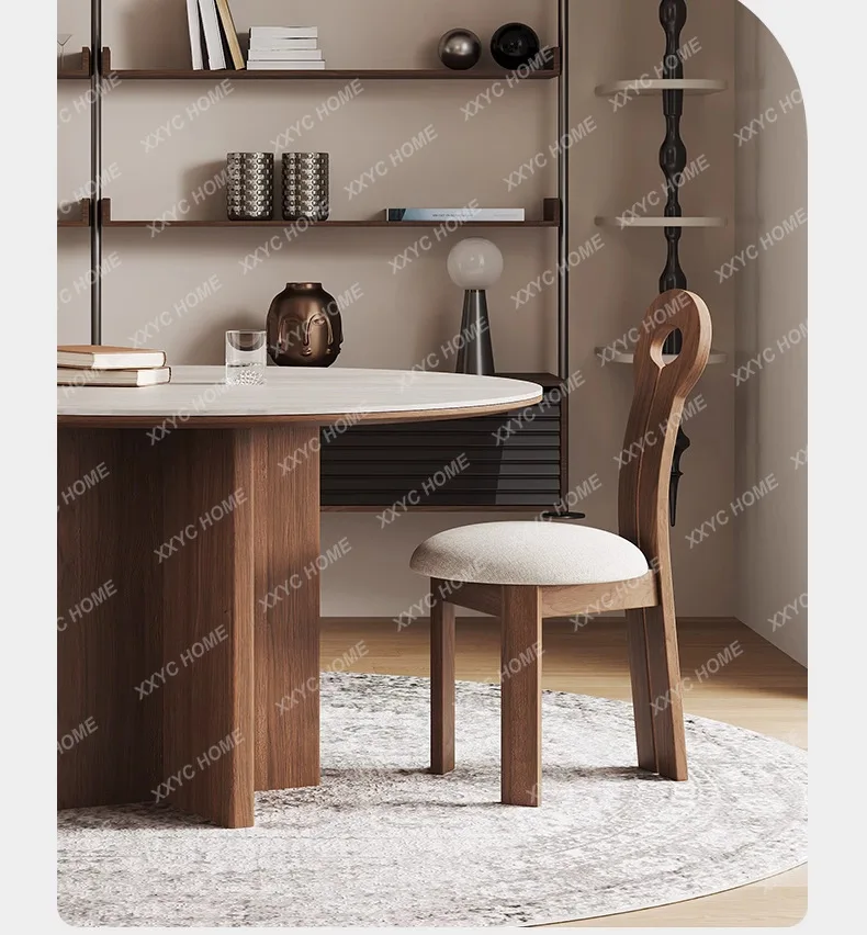 A Travertine Rock Slab Small Round Table Household One Meter Round Dining Table Walnut Solid Wood Round Dining Table