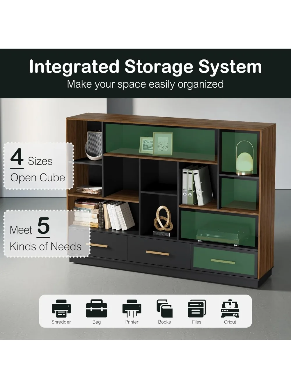 Organizer Penyimpanan Rak Buku Lebar, Rak Buku Kayu dengan 5 Kubus Terbuka, Rak Buku Berdiri Di Lantai untuk Rumah Kantor, Ruang Tamu