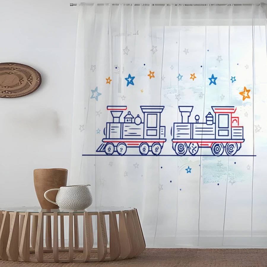 2PCS Digital Print Sheer Curtain, Line Art Train, Whimsical Fantasy Window Curtains for Living Room Bedroom Home Decor