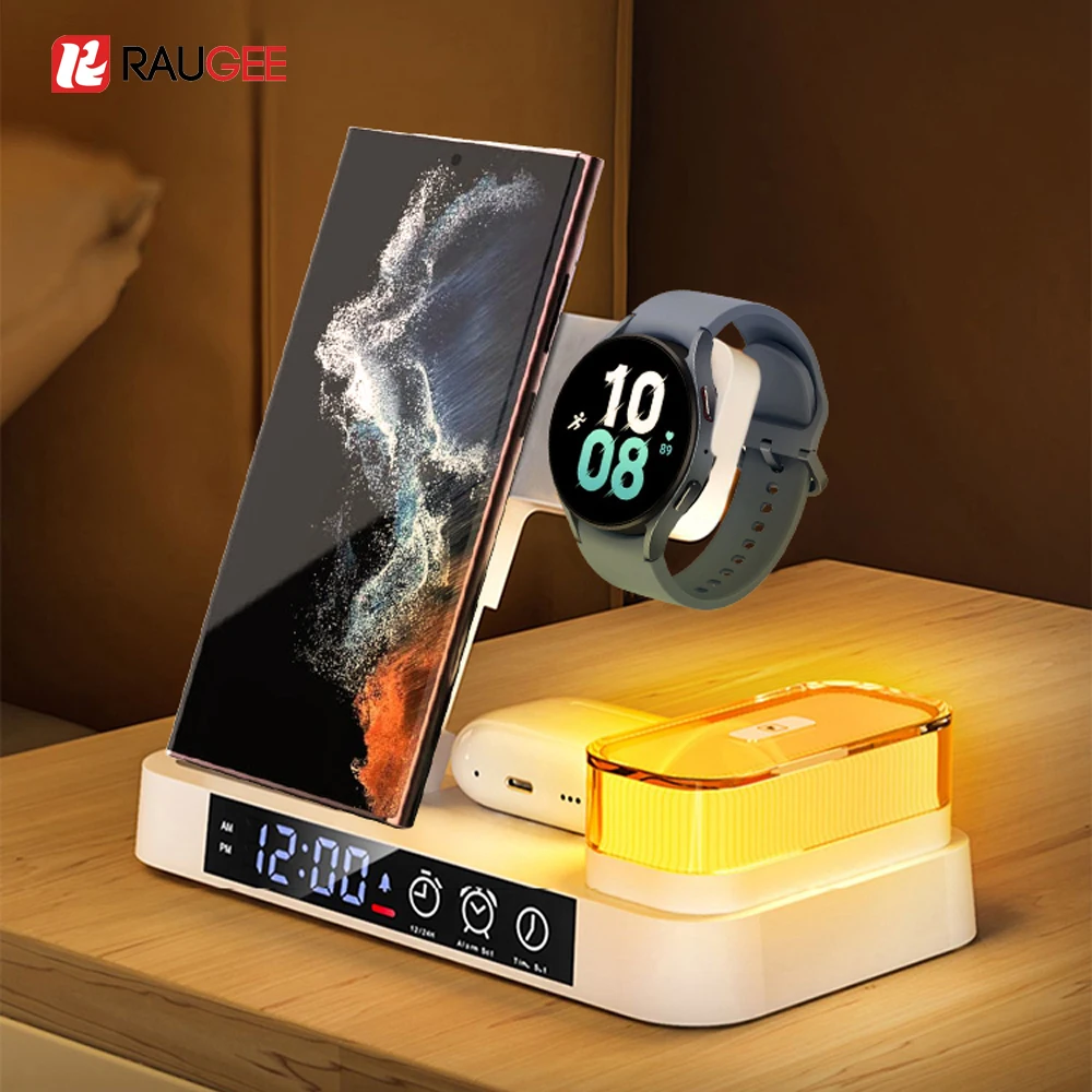 samsung-galaxy-watch-6-5-pro用3in1ワイヤレス充電器、galaxy-s26-s25-s24用急速充電ステーション、目覚まし時計付き充電スタンド