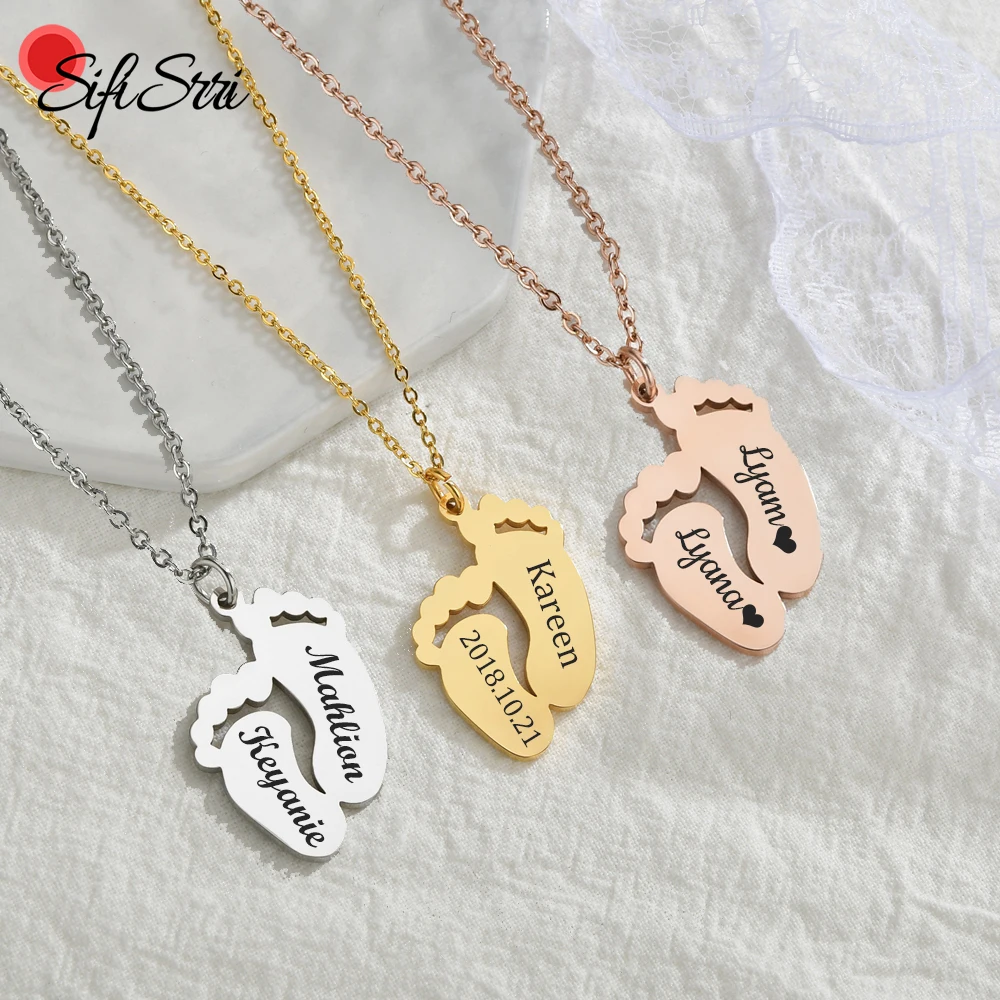 Sifisrri Personalized Engraved Baby Name Date Feet Necklace For Women Stainless Steel Custom Unisex Birthday DIY Jewelry Gift