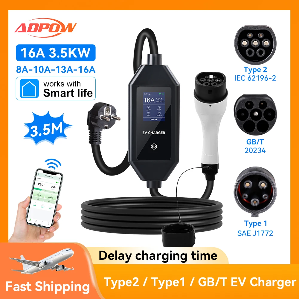 

Портативные зарядные устройства для электромобилей ADPOW 3,5 кВт Type2 SAE J1772 GBT 16A Зарядка EVSE с управлением через приложение Регулируемый ток Wallbox Зарядка для электромобилей