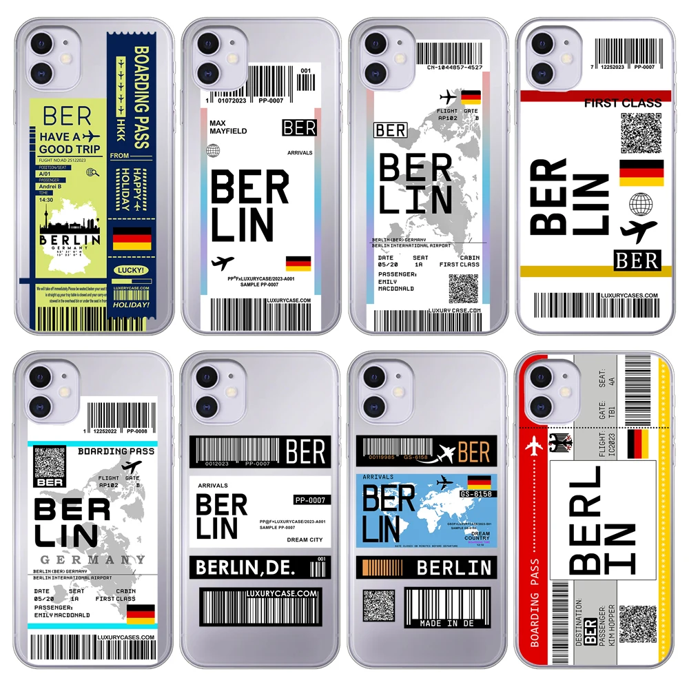 Germany Berlin Map Flag Plane Travel Fly Ticket Cover Case for iPhone 15 14 Pro Max 13 12 11 Mini X XS XR 7 8 6S Plus SE