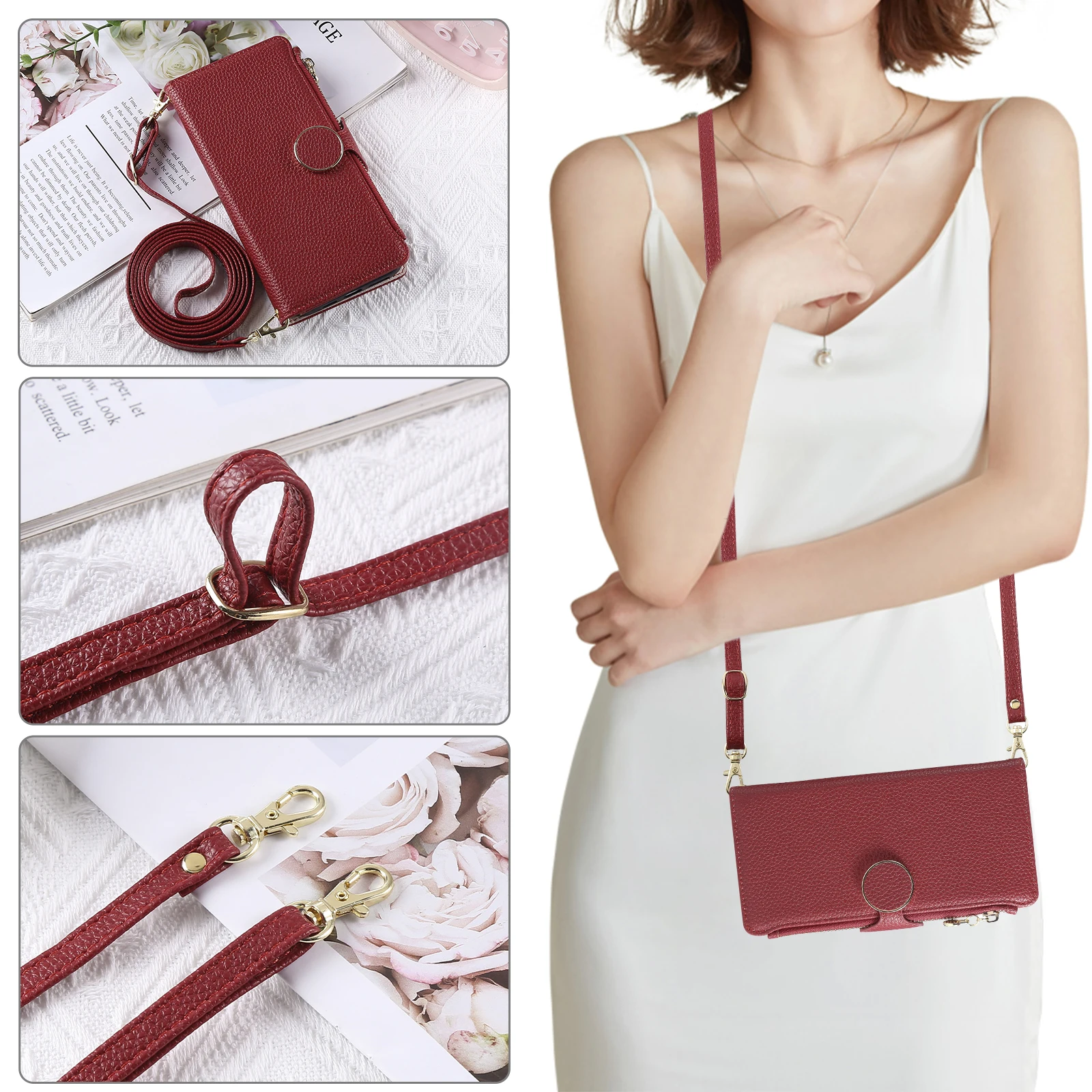 Dompet Kulit dengan Tali dan Resleting untuk Samsung Galaxy S25 Ultra Edge S24 Plus S23 FE S22 S25U, Penyangga, Slot Kartu, Pelindung Ponsel