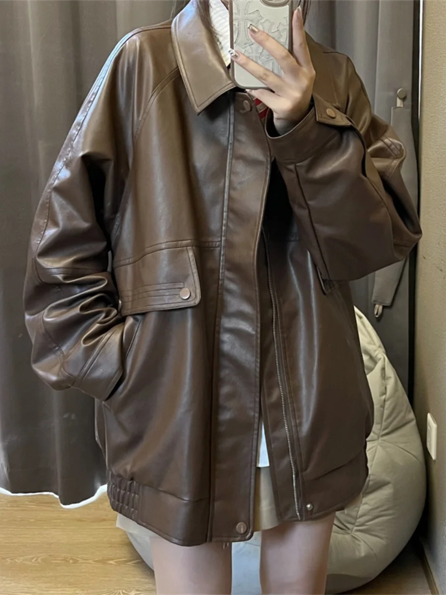 

Ele Autumn Winter Women's Jaet Sli Chic Brown Leather Coat American BF Sle Faionable Trendy Outerwear Coat