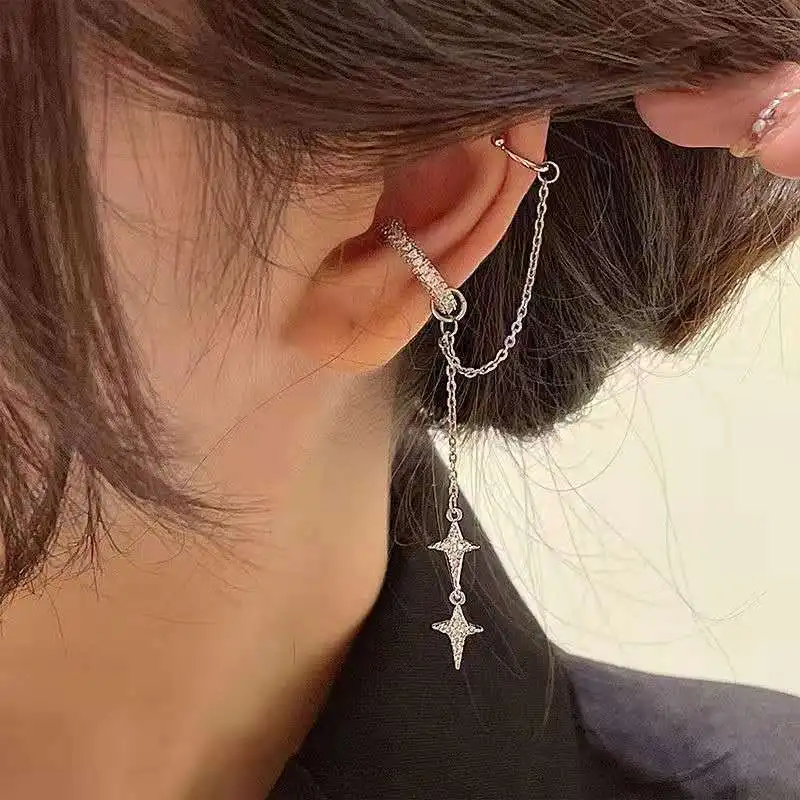 Shiny Silver Color Crystal Tassel Non-Piercing Cuff Ear Clip Earring For Women Rhinestone Star Fake Cartilage Piercing Jewelry image 2