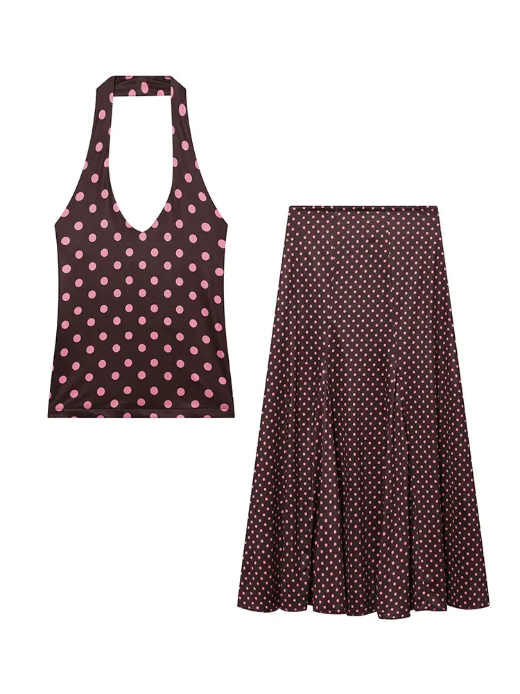 

HH Womens Sexy Pink Polka Dot Halter Top Midi Skirt Set Retro 2 Piece For City Date High Street Fashion Beach Vacation Suit