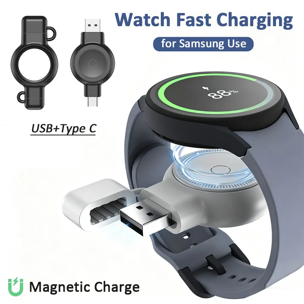 Portable Magnetic Watch Wireless Charger Dual Port USB and Type C for Samsung Galaxy Watch 8/7/6/5/4 Classic/3/2 Fast Charging