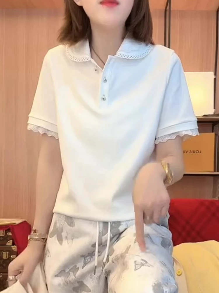 

Casual Faion Anti-Aging Lace Trim Doll Collar Women's T-irt Overhead ort Sve Summer Small ence Top