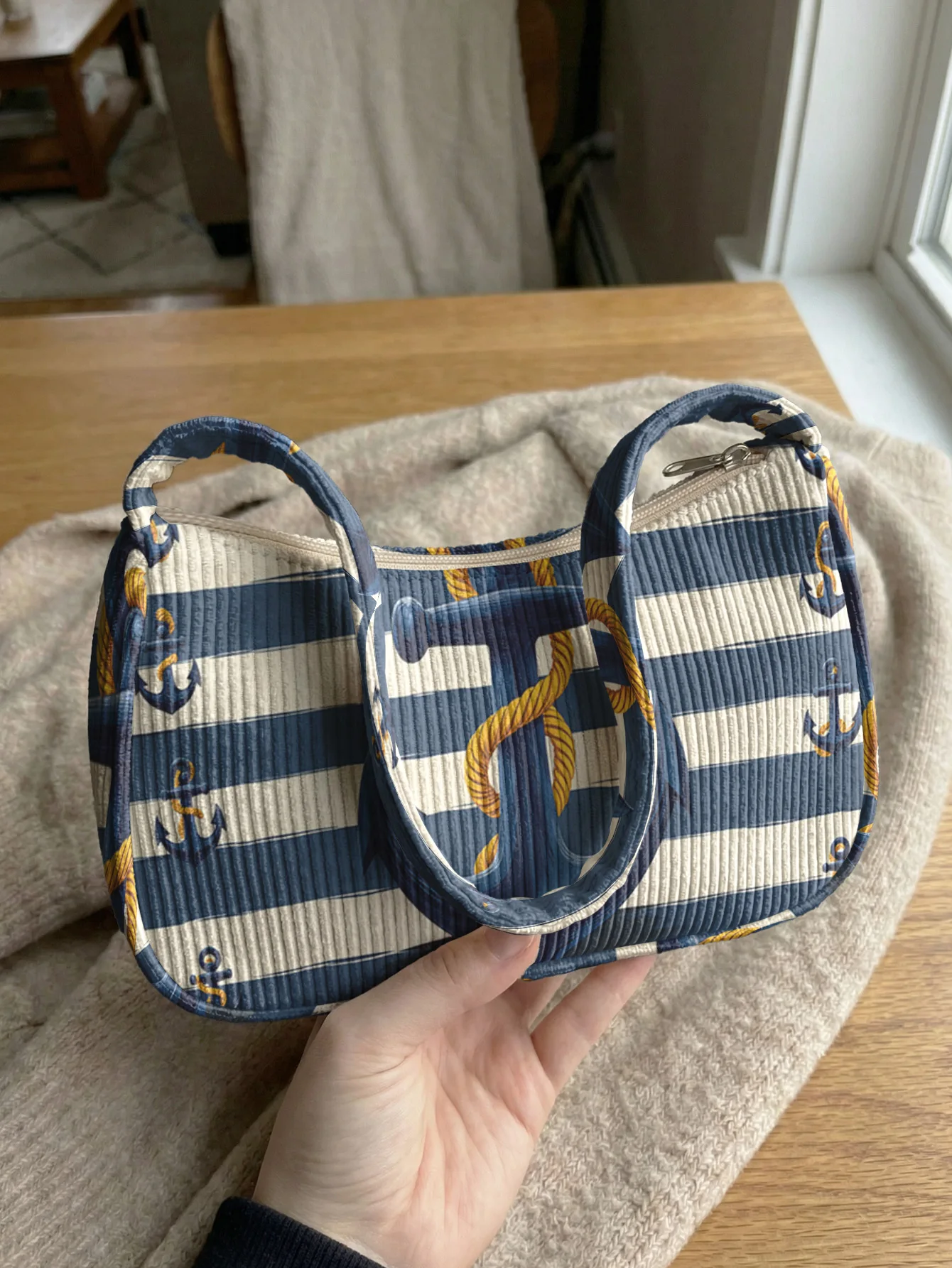Trendy Nautical Anchor Print Shoulder Bag, Corduroy Underarm Bag for Daily Casual Use