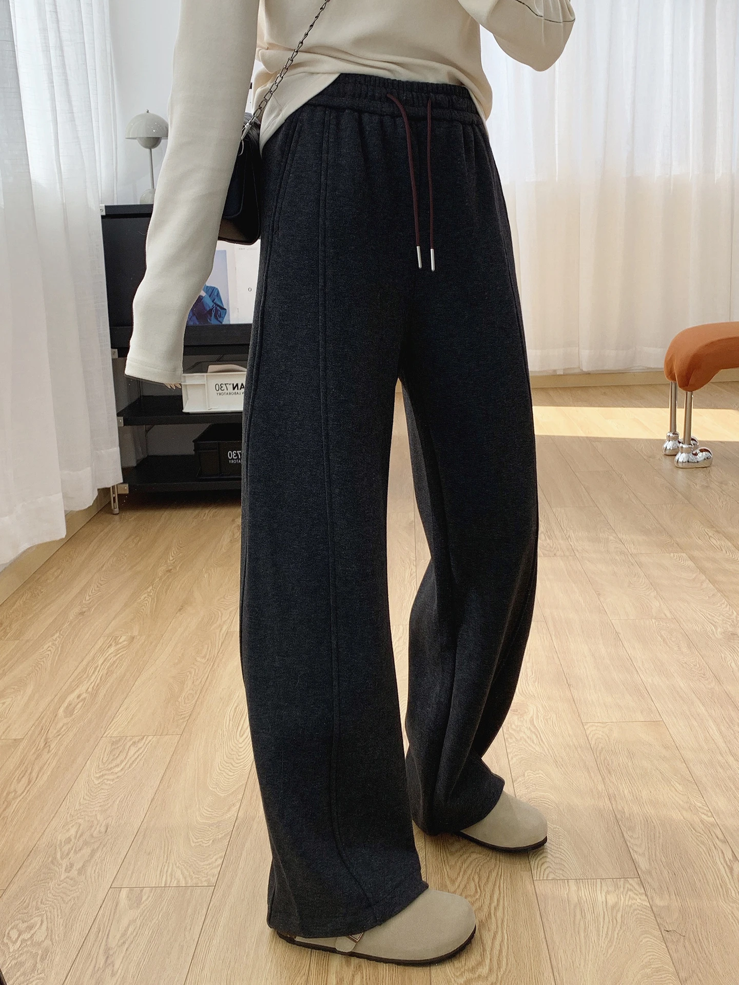 

Thiened Fce Wide Leg Casual Pants Women's Winter Trousers Dstring Elastic Waist Straight Cut Slimming Drapey Loose Fit