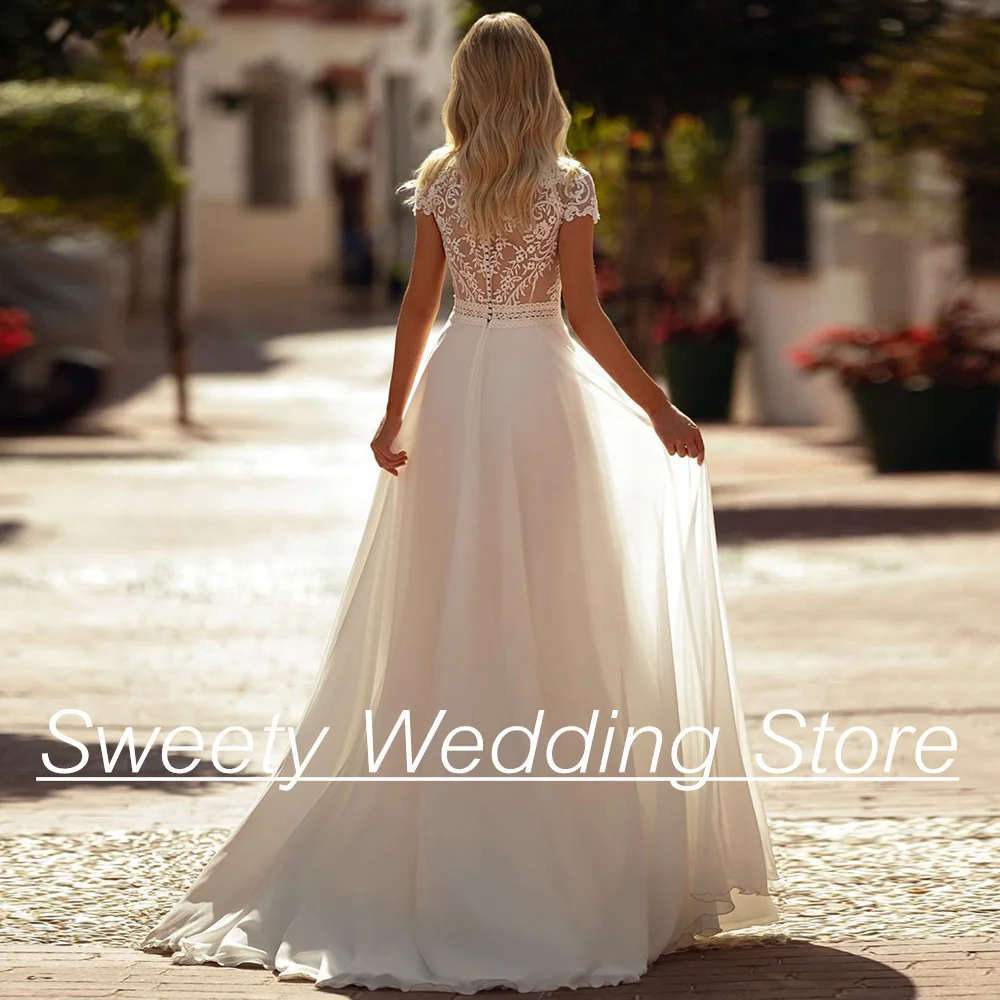 Boho Wedding Dresses for Women 2024 Short Sleeves Jewel Bohemian Lace Bridal Gown Sweep Train Summer Bride Dress Illusion Back