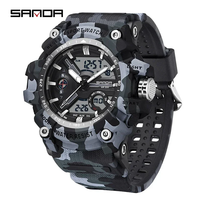 

SANDA 3355 Brand Men's Sports Watches G style Military Quartz Watch Waterproof Wrist watch for Men Double Display Electron Clock