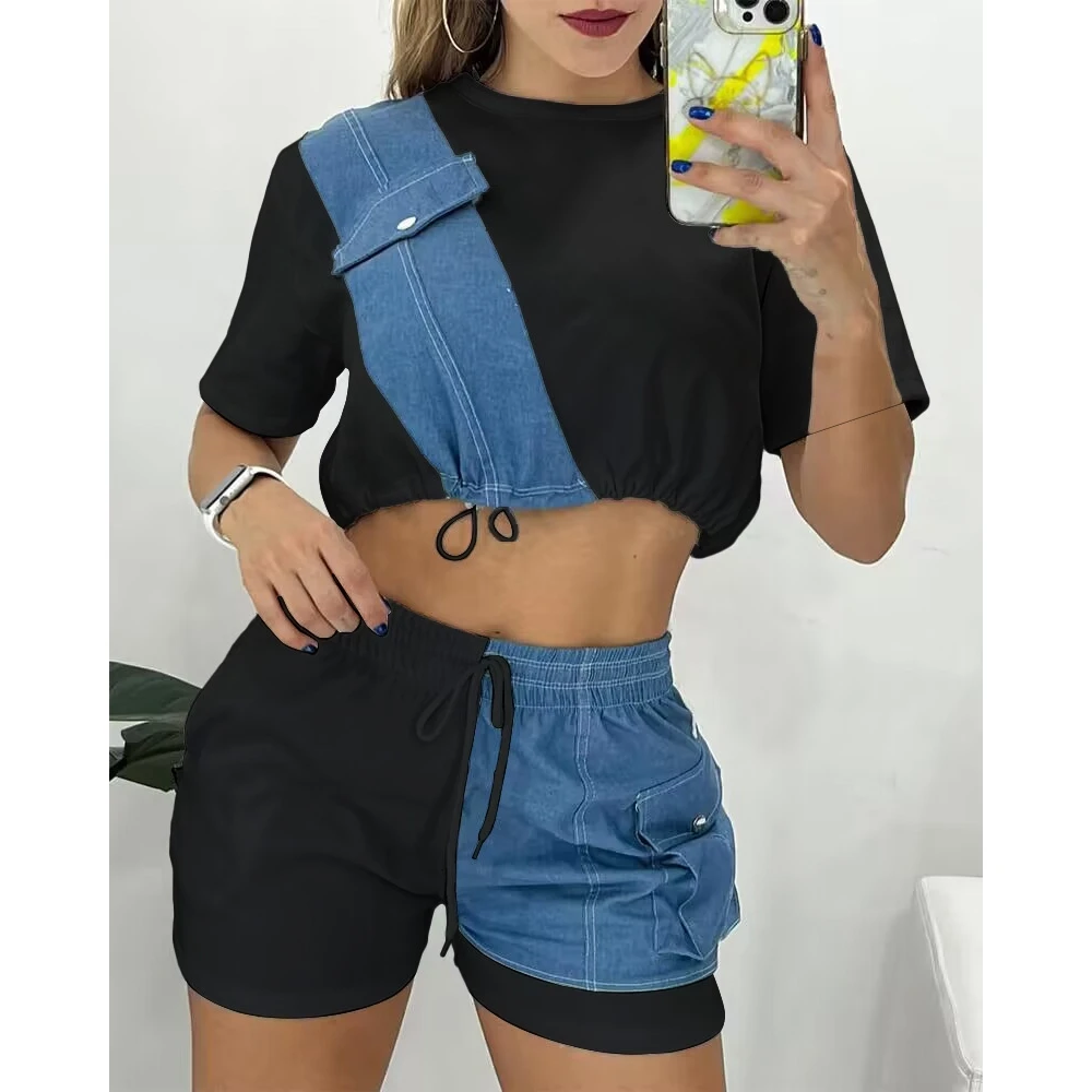 Women Denim Patch Top & Drawstring Shorts Set Female O-Neck Short Sleeve 2 Piece Casual Summer Outfits Clothing