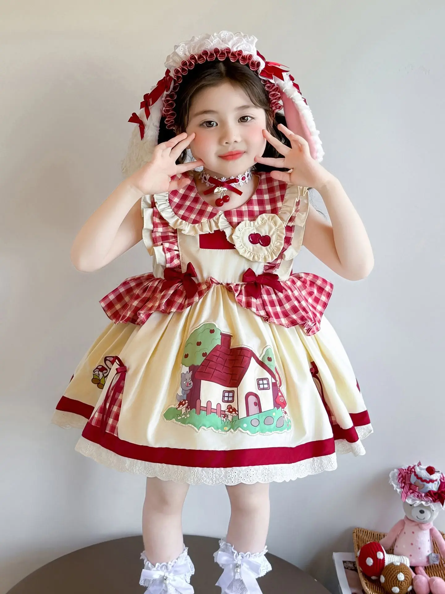 

Baby Girl Summer Cartoon Sweet Cute Lolita Lace Princess Gauze Ball Gown Bow Lace Dress Birthday Party Eid Childen Clothing