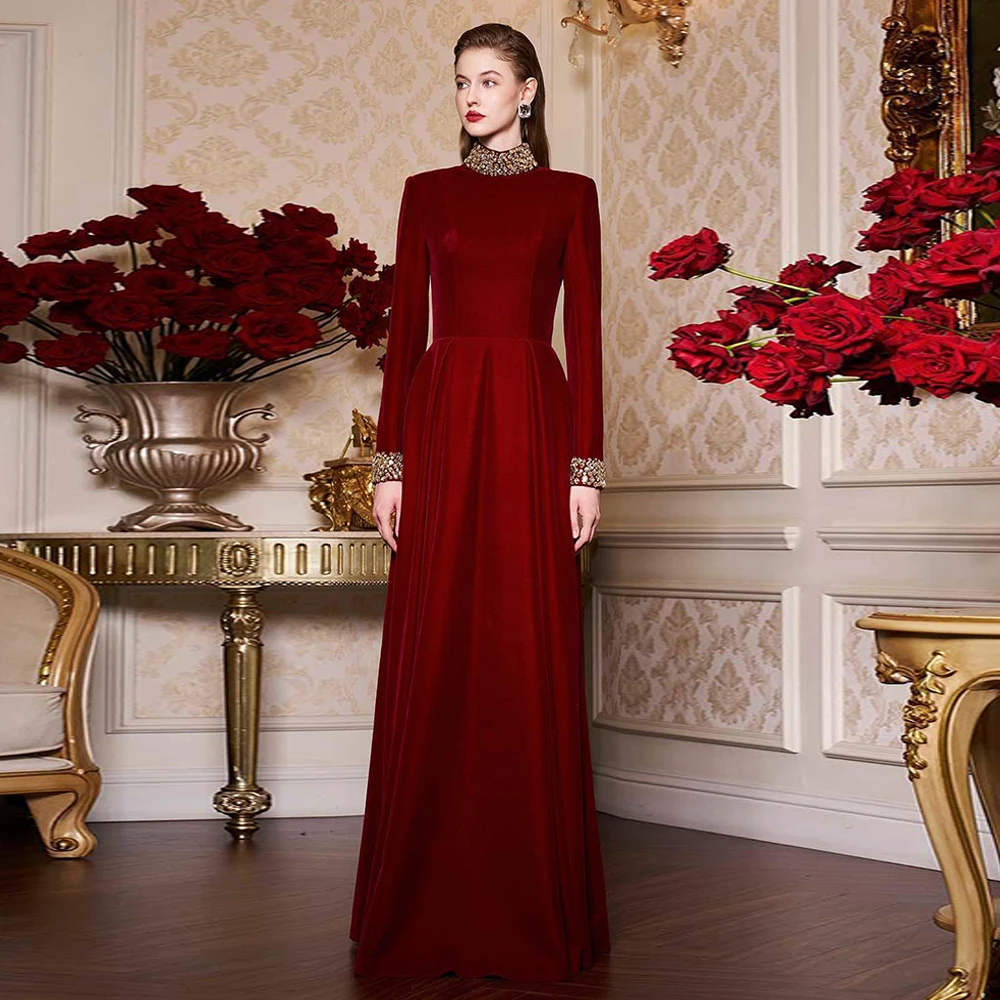 

Islamic Evening Dress Customized High Neck Long Sleeves Crystal Beading A Line Arabic Party Gown Formal Occasion Dresses